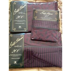 New BILL BLASS 200 Count Percale Twin Flat Fitted + 2 Pillow Cases Stanhope Wine